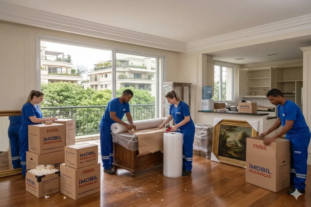 Equipe Imobil Mudanças embalando móveis de apartamento em São Paulo