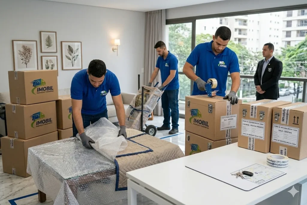 Equipe realizando mudança em apartamento em Moema utilizando elevador e transporte organizado de móveis