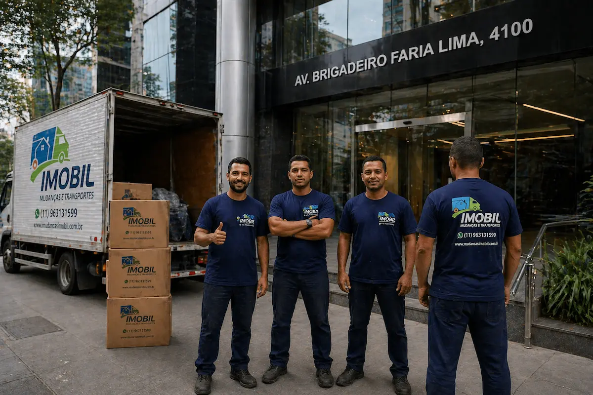 equipe realizando mudança corporativa na faria lima em frente a prédio comercial