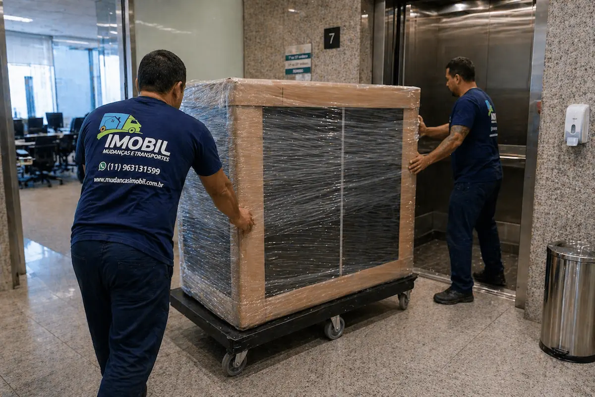 mudança corporativa na Faria Lima com transporte de móvel embalado em carrinho para elevador