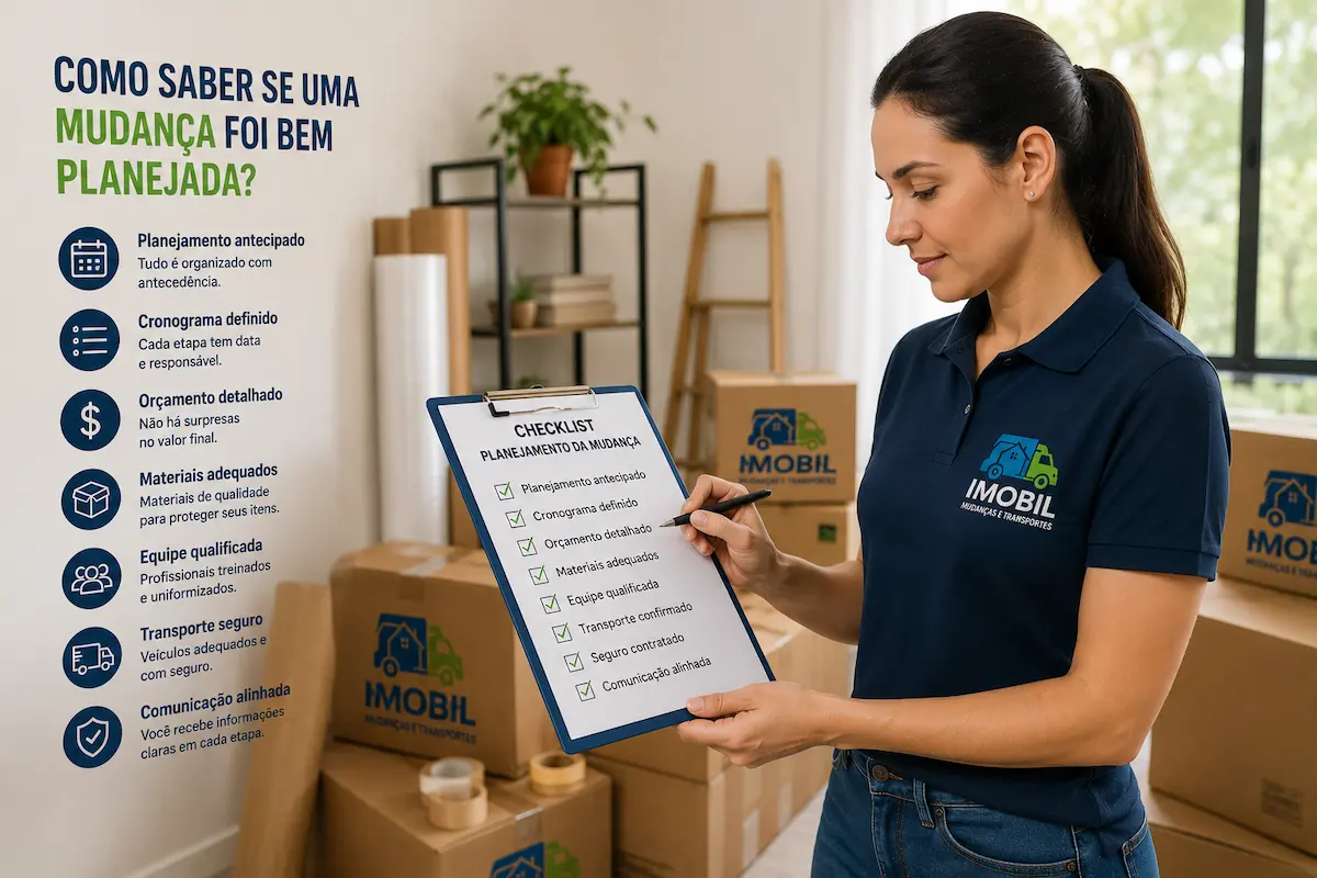 Mudança bem planejada com móveis organizados e equipe preparada