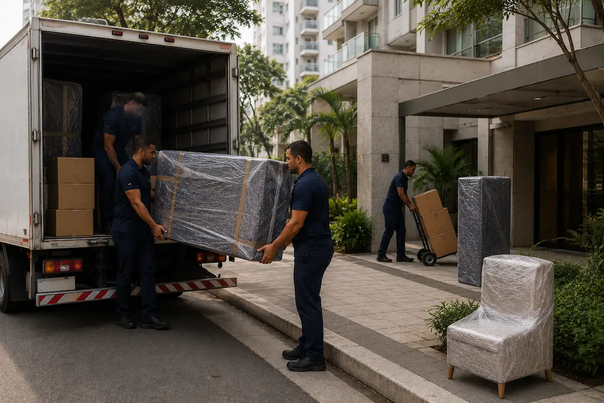 Equipe descarregando móveis protegidos em condomínio residencial com organização e cuidado