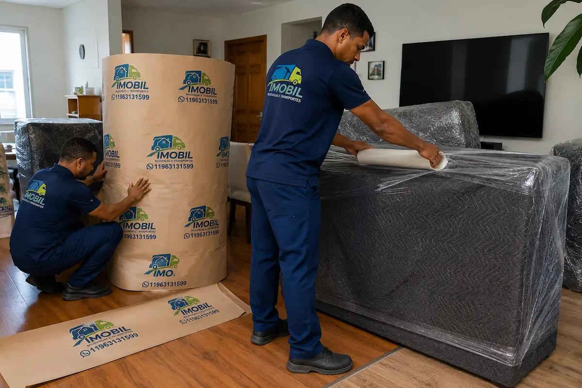 Móveis embalados com mantas protetoras e plástico bolha para transporte residencial