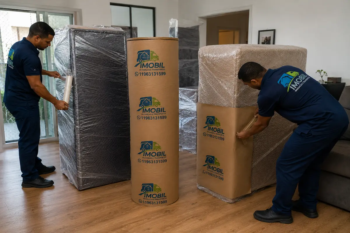 Equipe organizando caixas e móveis protegidos durante mudança residencial
