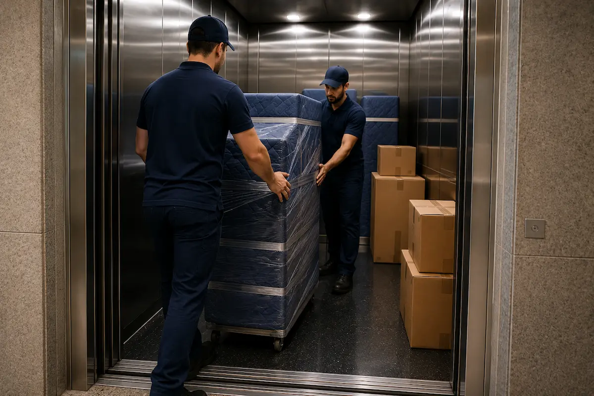 Equipe realizando mudança em prédio com elevador de serviço