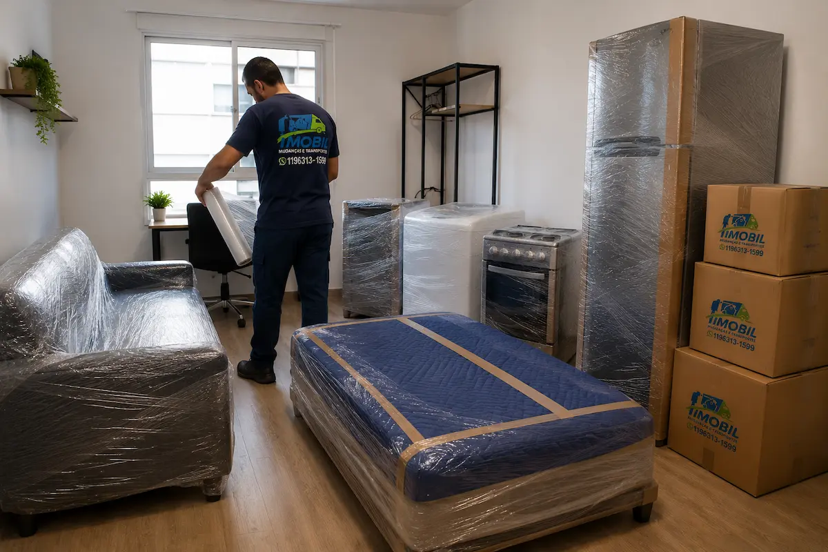 Mudança de kitnet em São Paulo com móveis compactos e caixas organizadas