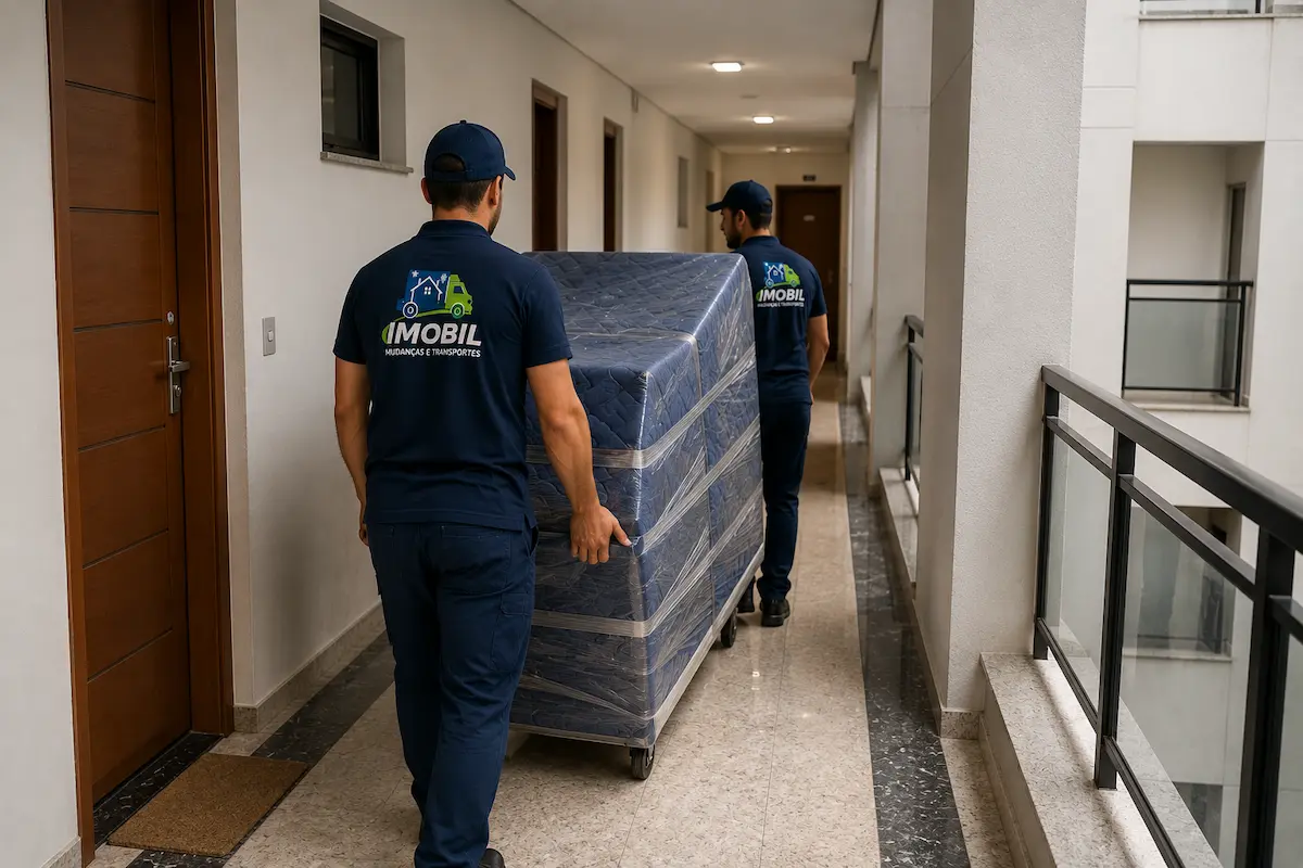 Mudança em corredor de condomínio com circulação organizada