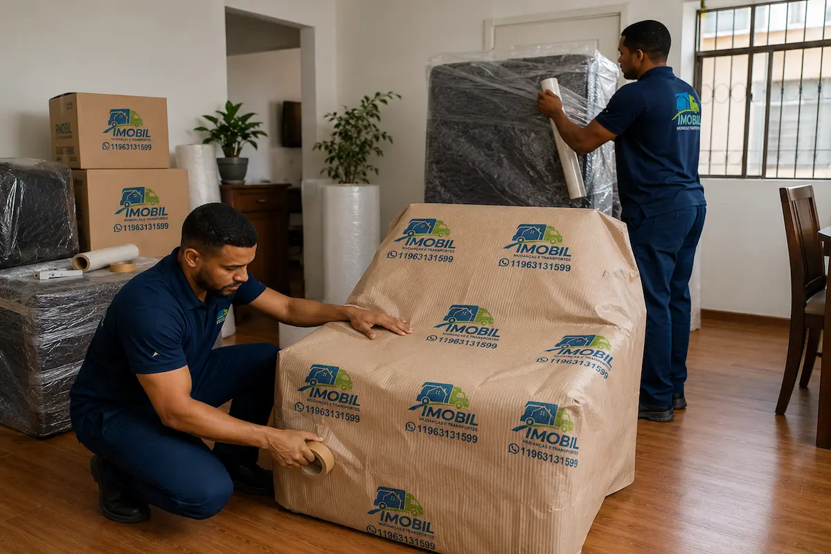 Apartamento com móveis protegidos e embalados para transporte residencial