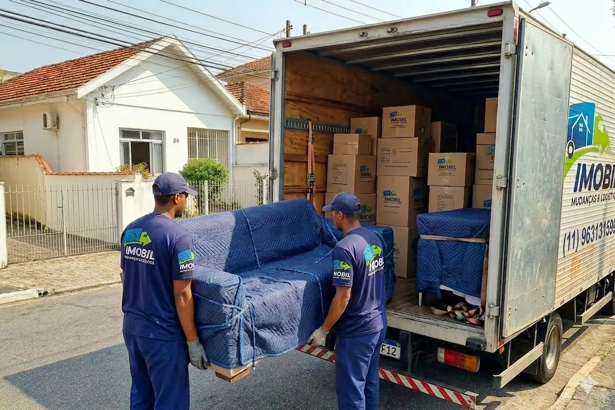 mudança residencial em São Bernardo com equipe transportando móveis de uma casa