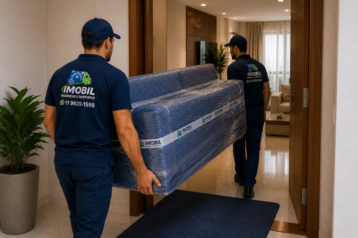 Sofá protegido entrando no apartamento durante mudança em condomínio