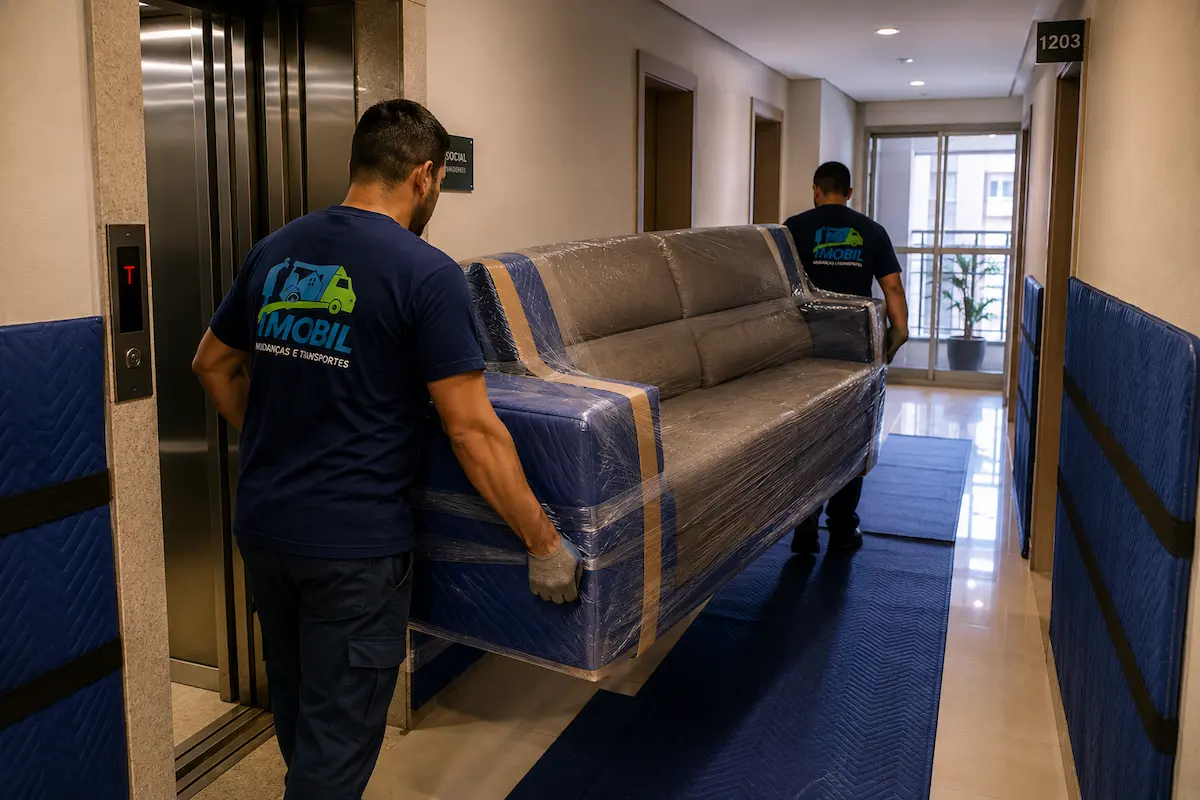 Transporte de sofá para apartamento em São Paulo com proteção nos corredores