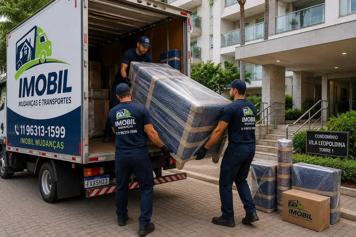 Equipe da Imobil Mudanças realizando carregamento profissional de móveis embalados em condomínio na Vila Leopoldina
