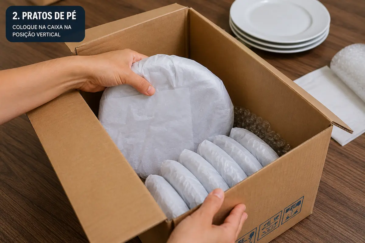 Pratos protegidos com papel peixeiro organizados de pé dentro da caixa para mudança