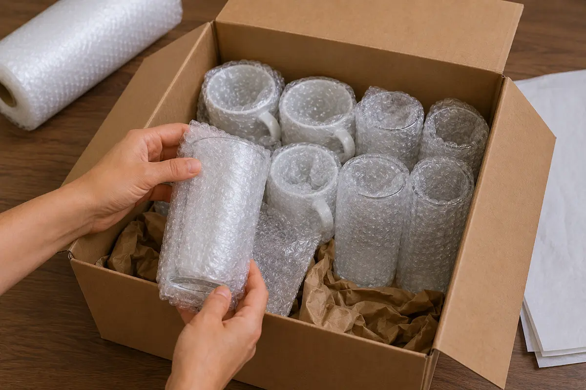Copos e xícaras protegidos individualmente com plástico bolha durante a embalagem para mudança