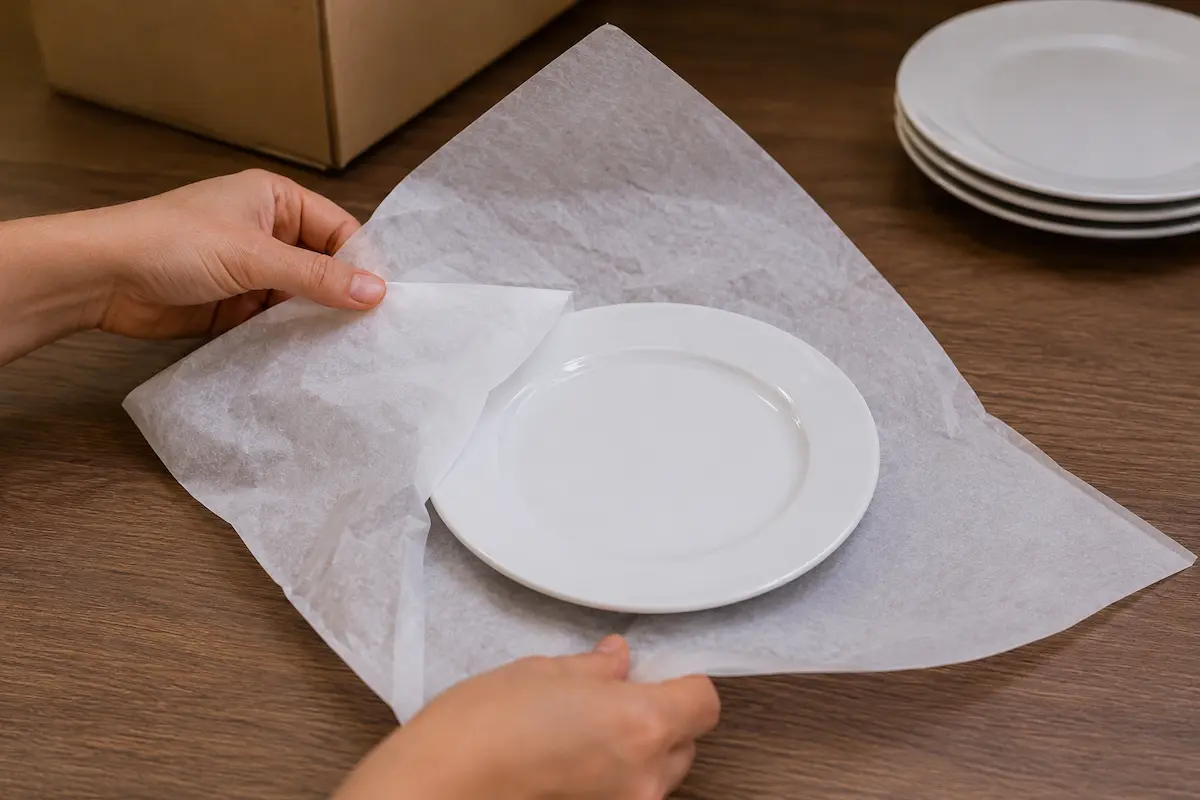 Pessoa protegendo pratos com papel peixeiro durante a embalagem de louças para mudança