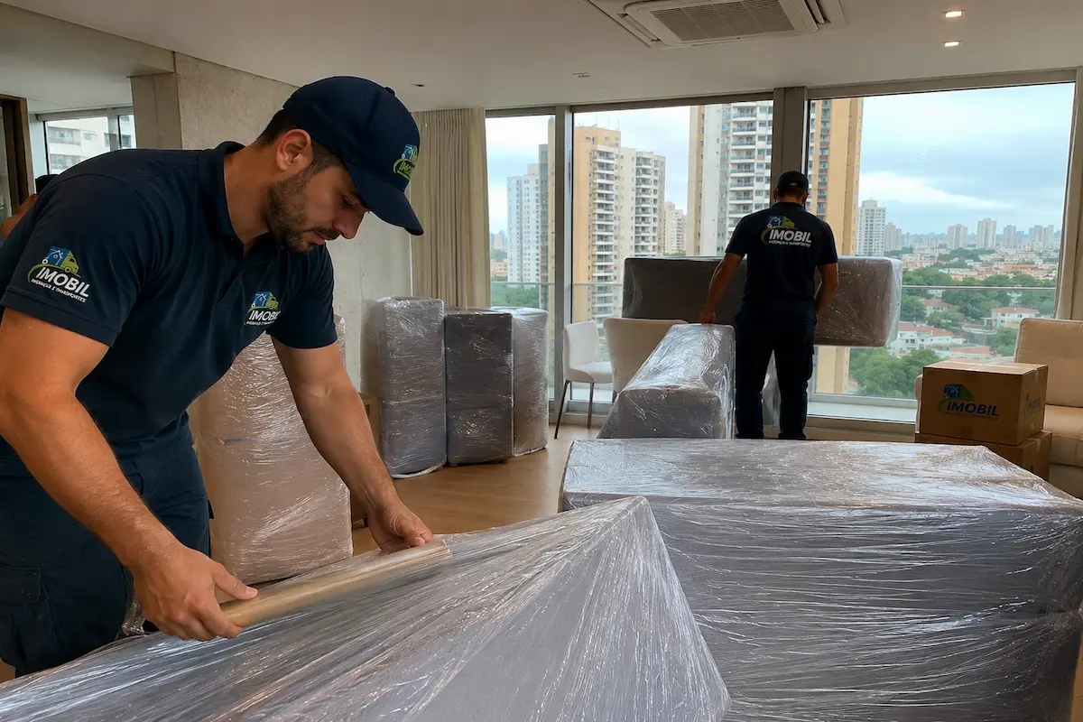 Equipe organizada realizando preparação dos móveis dentro de apartamento em São Paulo