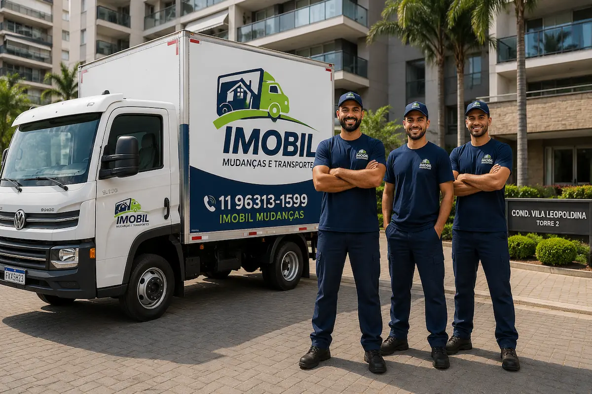 Equipe da Imobil Mudanças em frente ao caminhão realizando atendimento para mudança em condomínio na Vila Leopoldina em São Paulo com profissionais uniformizados