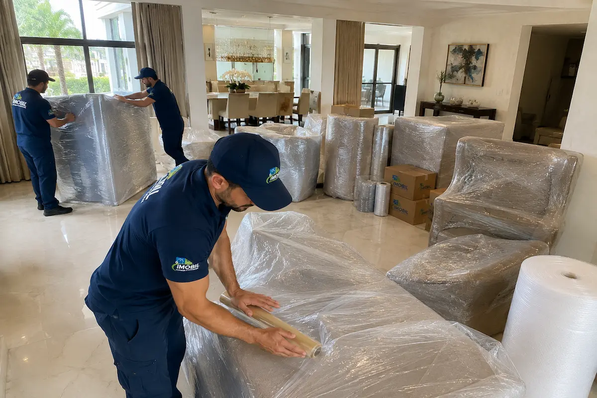 Equipe da Imobil Mudanças utilizando materiais de proteção durante a preparação dos móveis em residência de alto padrão em São Paulo
