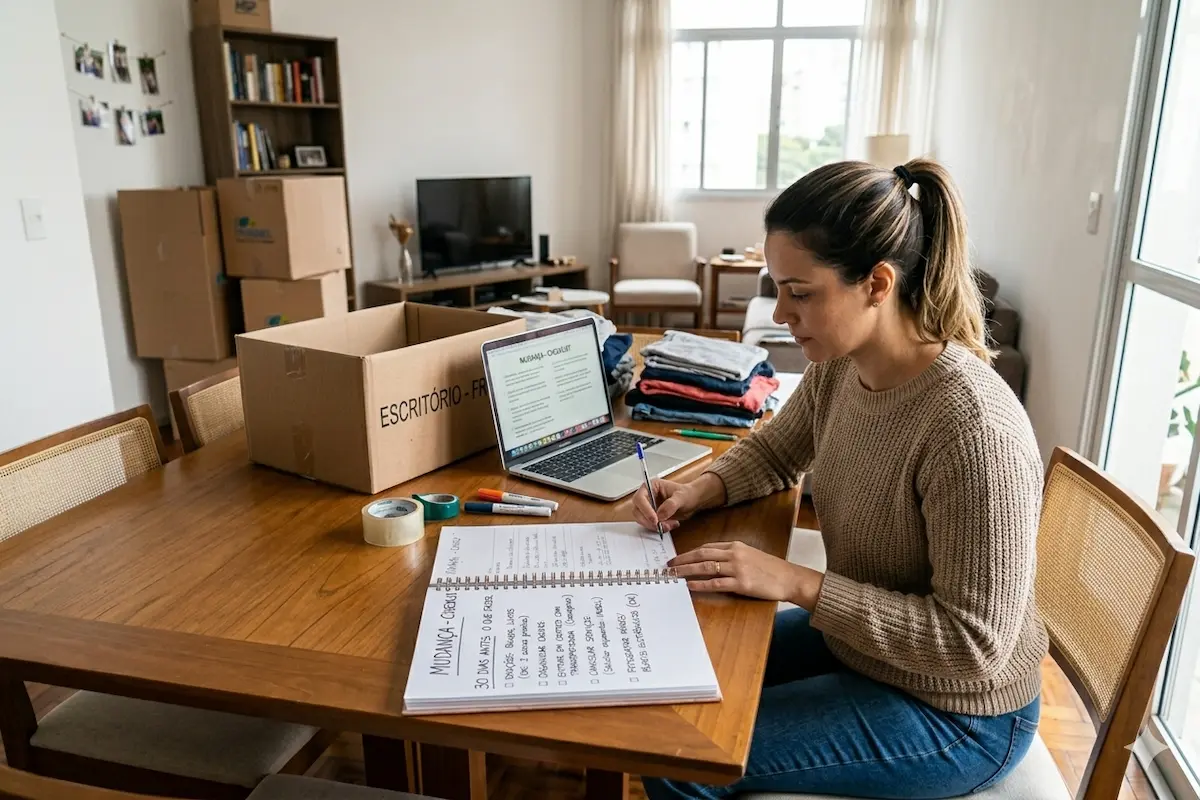 Pessoa organizando documentos e planejando tarefas 30 dias antes da mudança residencial