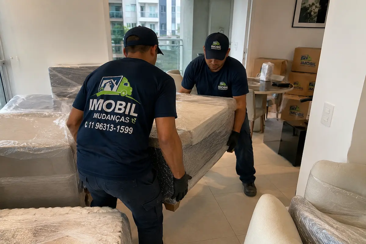 Equipe da Imobil Mudanças organizando móveis em apartamento na Vila Leopoldina após o descarregamento