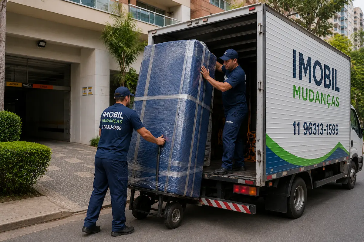 Equipe da Imobil Mudanças transportando geladeira com embalagem reforçada em São Paulo durante serviço especializado