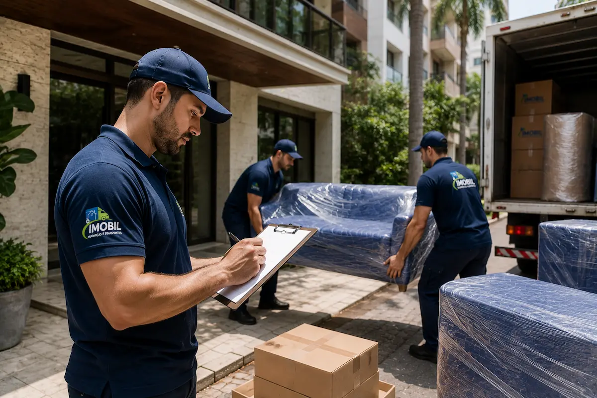 Supervisor da Imobil Mudanças conferindo checklist enquanto equipe uniformizada realiza carregamento de móveis protegidos em condomínio residencial em São Paulo
