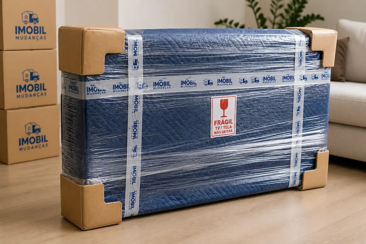 TV embalada pronta para transporte durante a mudança