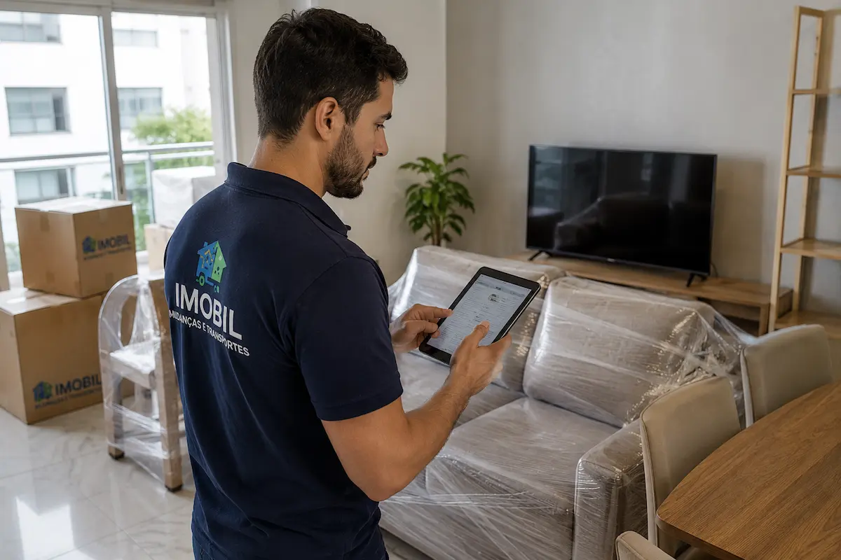 Profissional da Imobil Mudanças avaliando móveis e informações para preparar um orçamento de mudança mais preciso