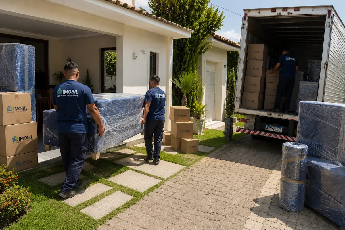 Equipe da Imobil Mudanças carregando móveis embalados e caixas de uma casa para o caminhão em São Paulo