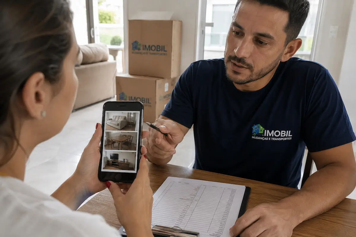 Cliente mostrando fotos dos móveis para profissional da Imobil Mudanças preparar um orçamento mais preciso