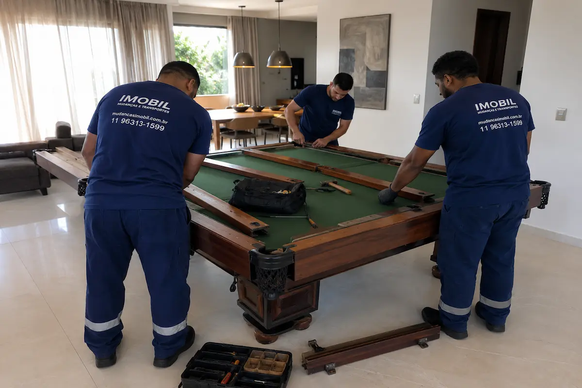 Equipe da Imobil Mudanças desmontando uma mesa de bilhar para transporte seguro em São Paulo.