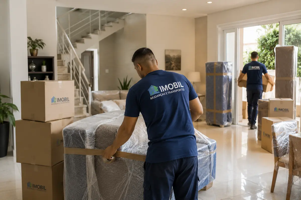 Equipe da Imobil Mudanças embalando móveis e organizando caixas durante mudança de casa em São Paulo