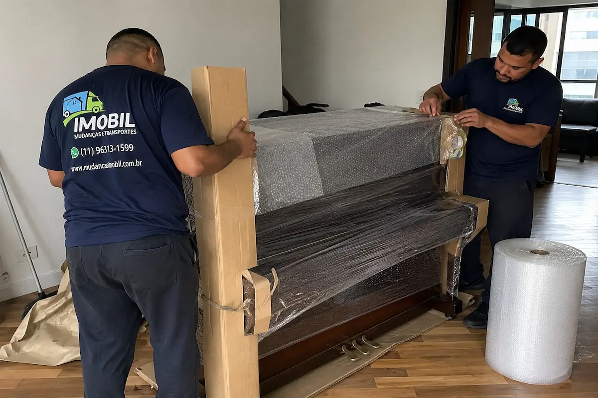 Equipe especializada preparando a embalagem profissional de um piano para transporte seguro.