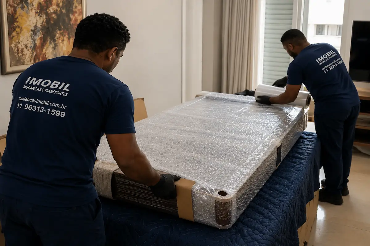 Equipe da Imobil Mudanças protegendo uma mesa de bilhar com plástico-bolha, papelão ondulado, cantoneiras e filme stretch antes do transporte em São Paulo.