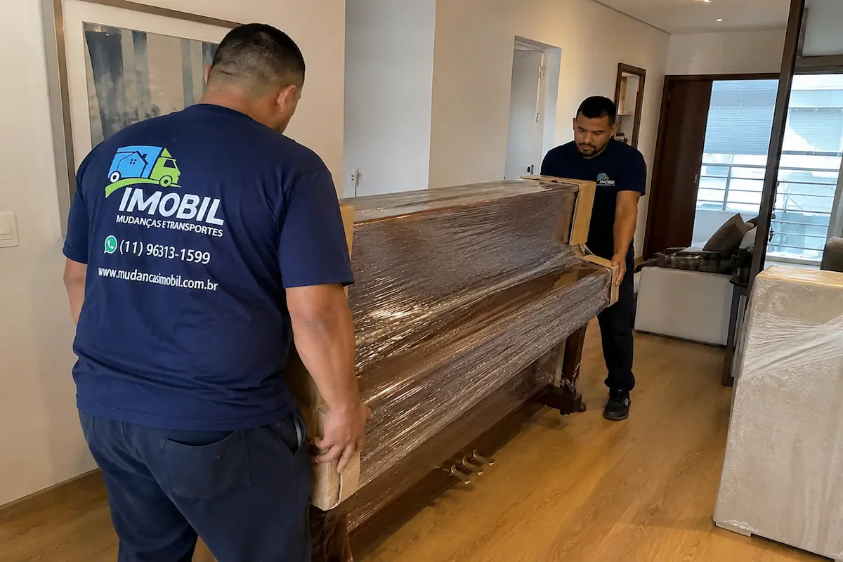 Equipe especializada realizando a movimentação segura de um piano dentro de apartamento.