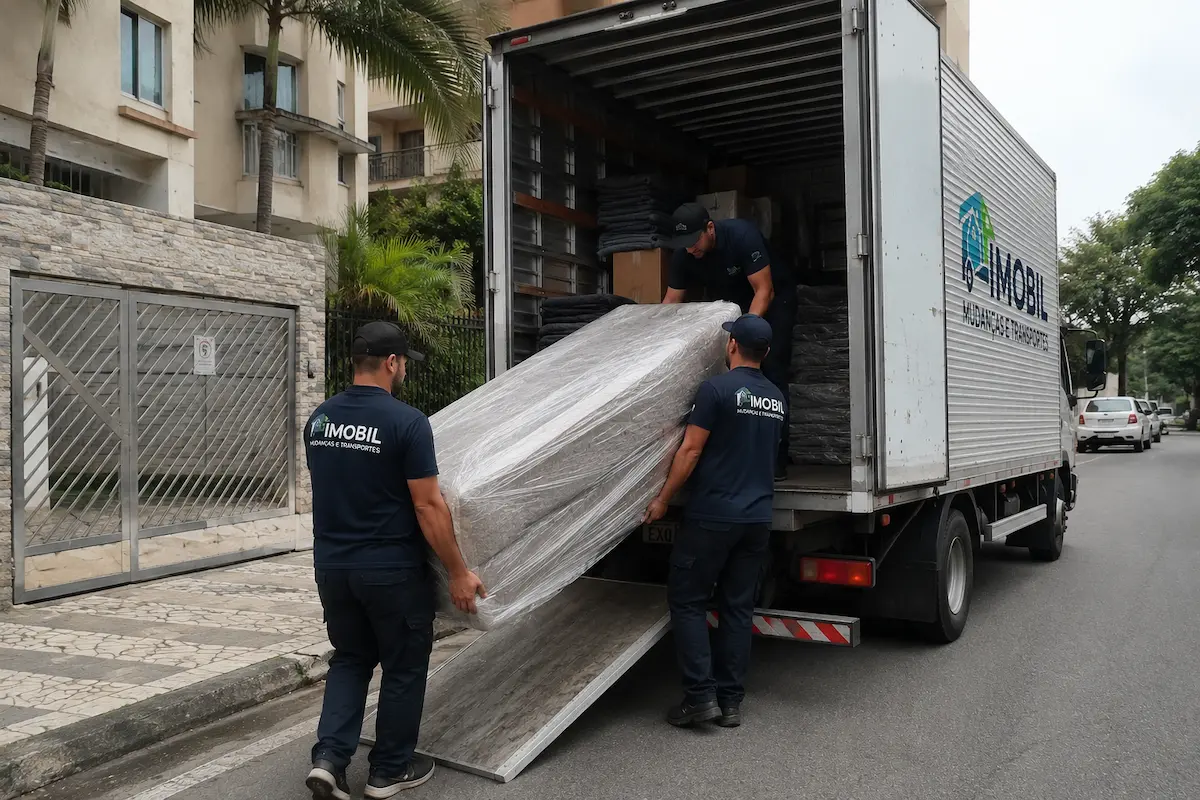 Equipe de mudança residencial descarregando móvel embalado de caminhão em São Paulo