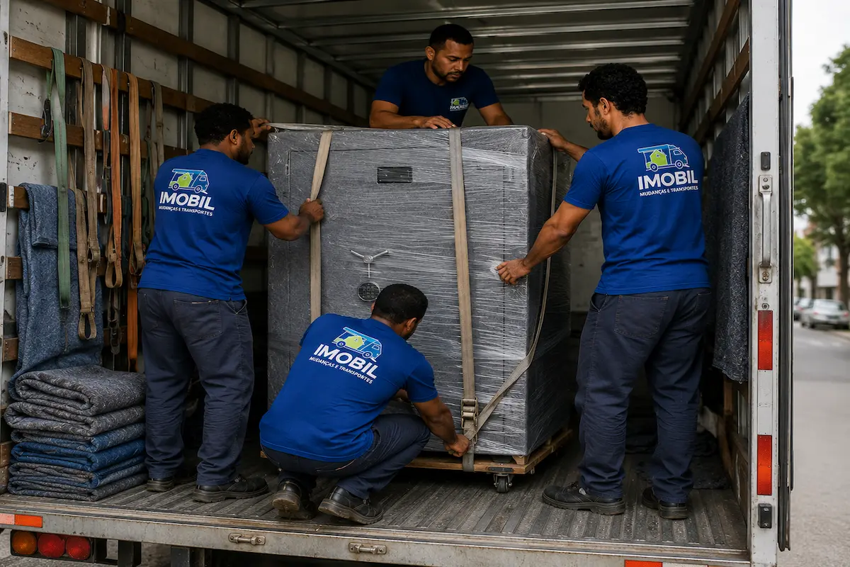 Equipe realizando a fixação segura de um cofre no caminhão de mudanças utilizando técnicas profissionais.