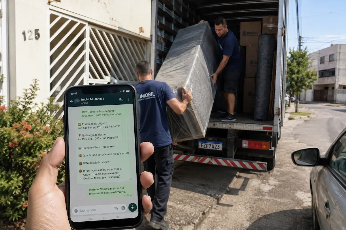 Cliente enviando informações pelo celular para solicitar orçamento de mudança enquanto equipe realiza o transporte
