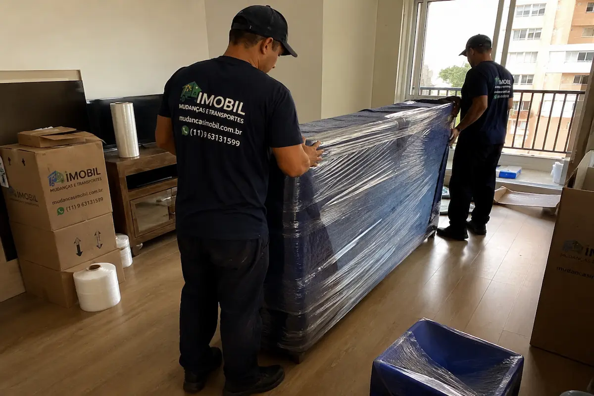 Equipe da Imobil Mudanças movimentando móvel grande embalado durante mudança residencial em São Paulo