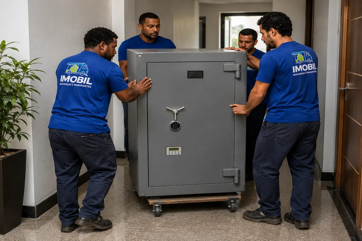 Equipe movimentando um cofre em corredor comercial durante a preparação para o transporte.