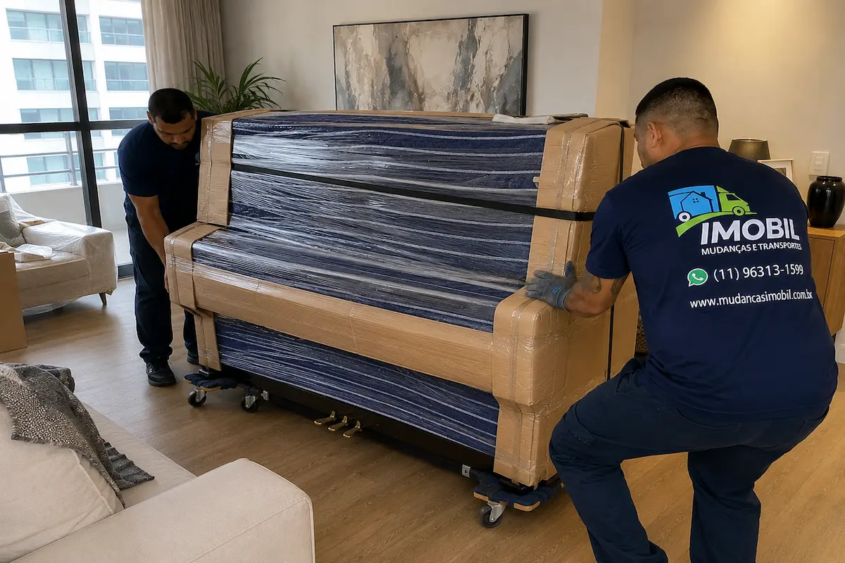 Proteção completa de piano utilizando papelão ondulado, plástico-bolha e filme stretch.
