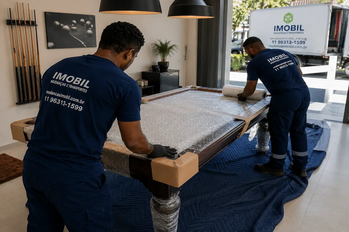 Equipe da Imobil Mudanças protegendo uma mesa de bilhar antes do transporte em São Paulo.