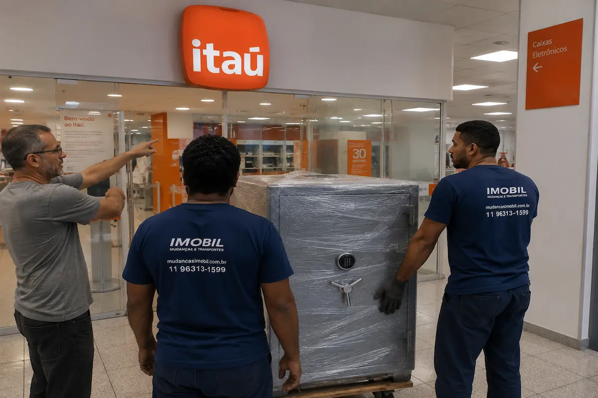Equipe realizando vistoria para transporte de cofre em ambiente corporativo.