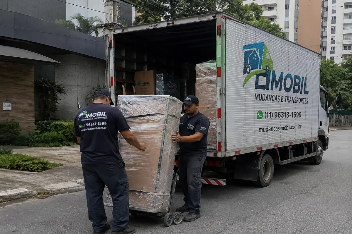 Equipe da Imobil Mudanças transportando móvel embalado durante uma mudança residencial em São Paulo