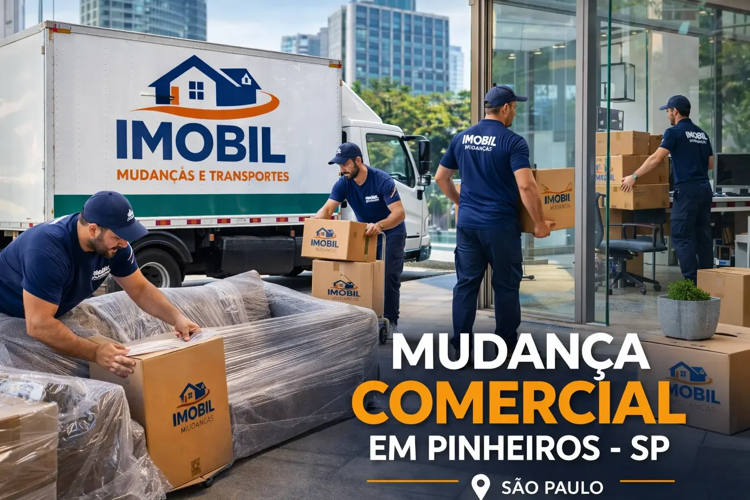 Equipe da Imobil Mudanças realizando mudança comercial em Pinheiros em São Paulo com transporte de móveis e equipamentos de escritório.