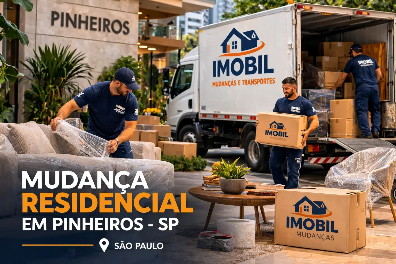 Equipe da Imobil Mudanças realizando mudança residencial em Pinheiros em São Paulo com caminhão e transporte seguro de móveis